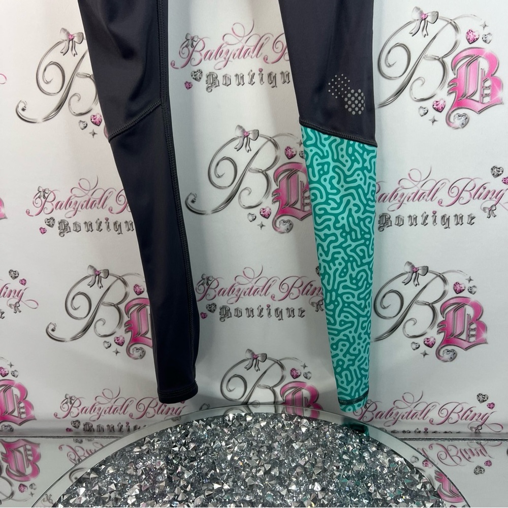 Reebok tights leggings grey Charcoal and Aqua edwick pants stretchy Leggings - Picture 3 of 13